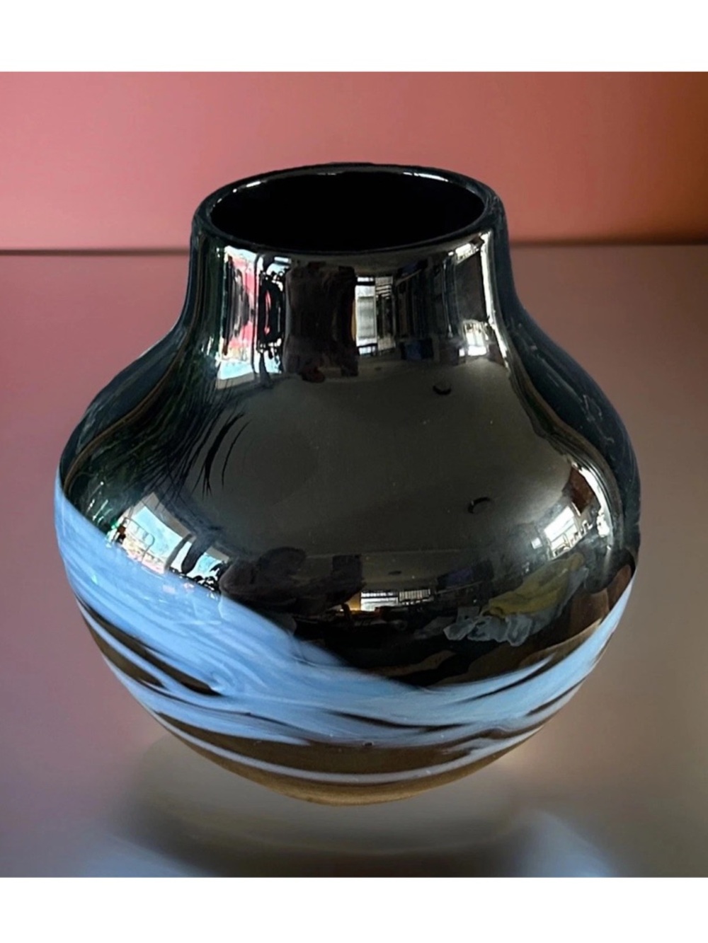 VTG Roy Wilson Hand Blown Murano Style Art Glass Vase Black w/Blue Bands 1987